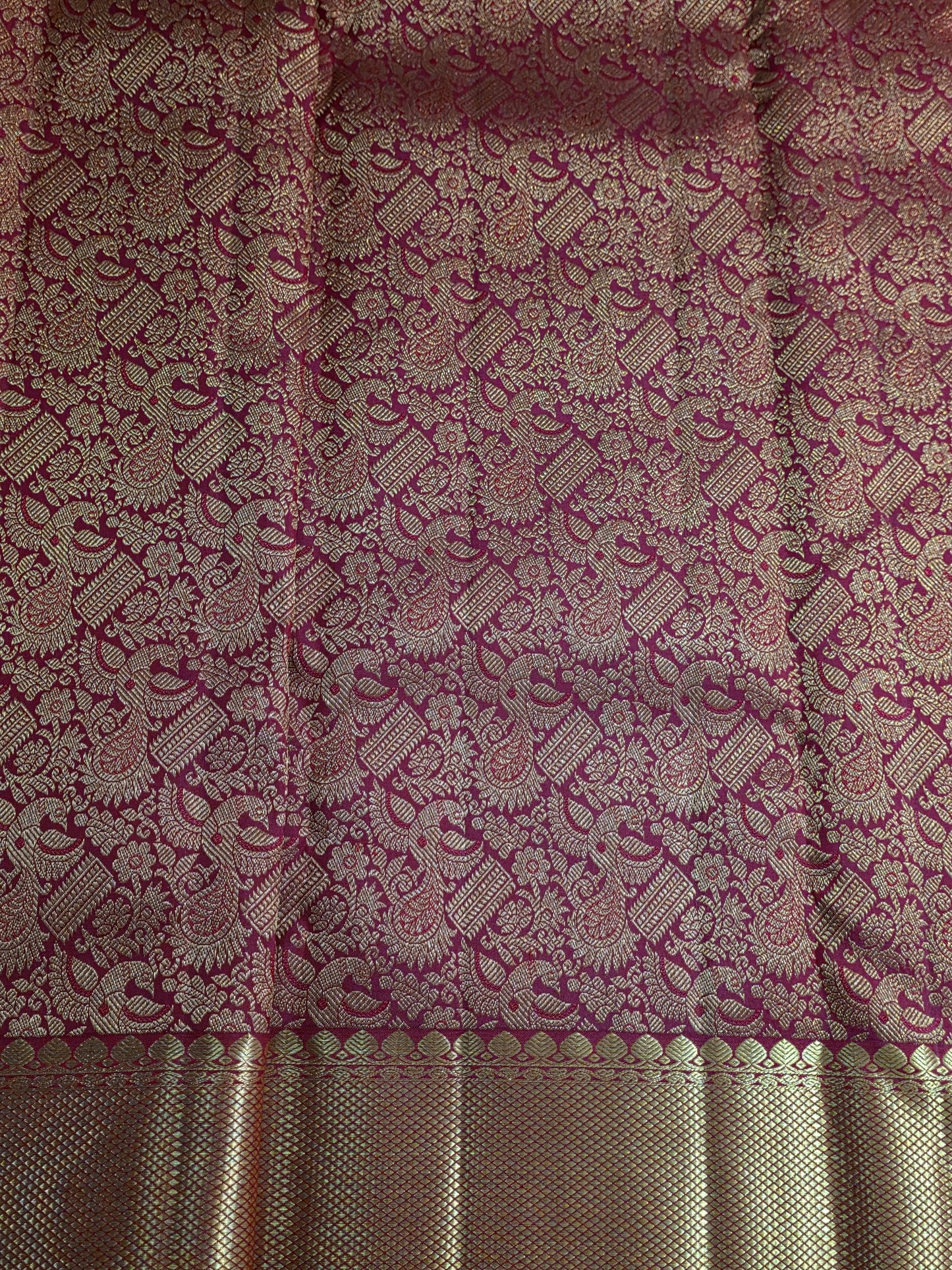Pure Mulberry red and golden colour silk saree with pure zari completely hand woven.