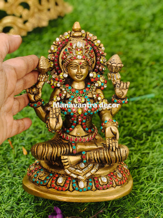 Brass Godess Lakshmi idol with stone work