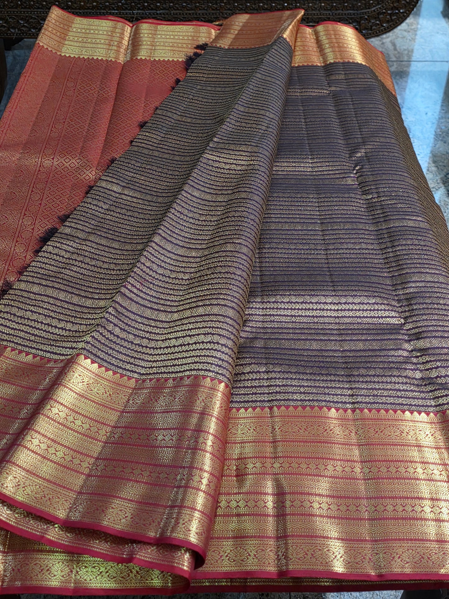 Pure Mulberry silk dual tone brown saree with pure zari completely hand woven.