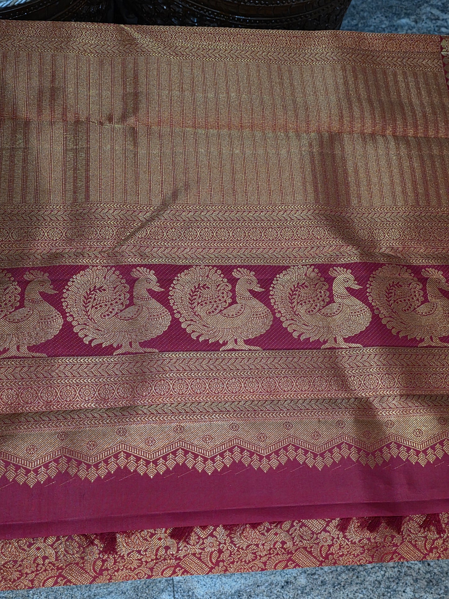 Pure Mulberry red and golden colour silk saree with pure zari completely hand woven.