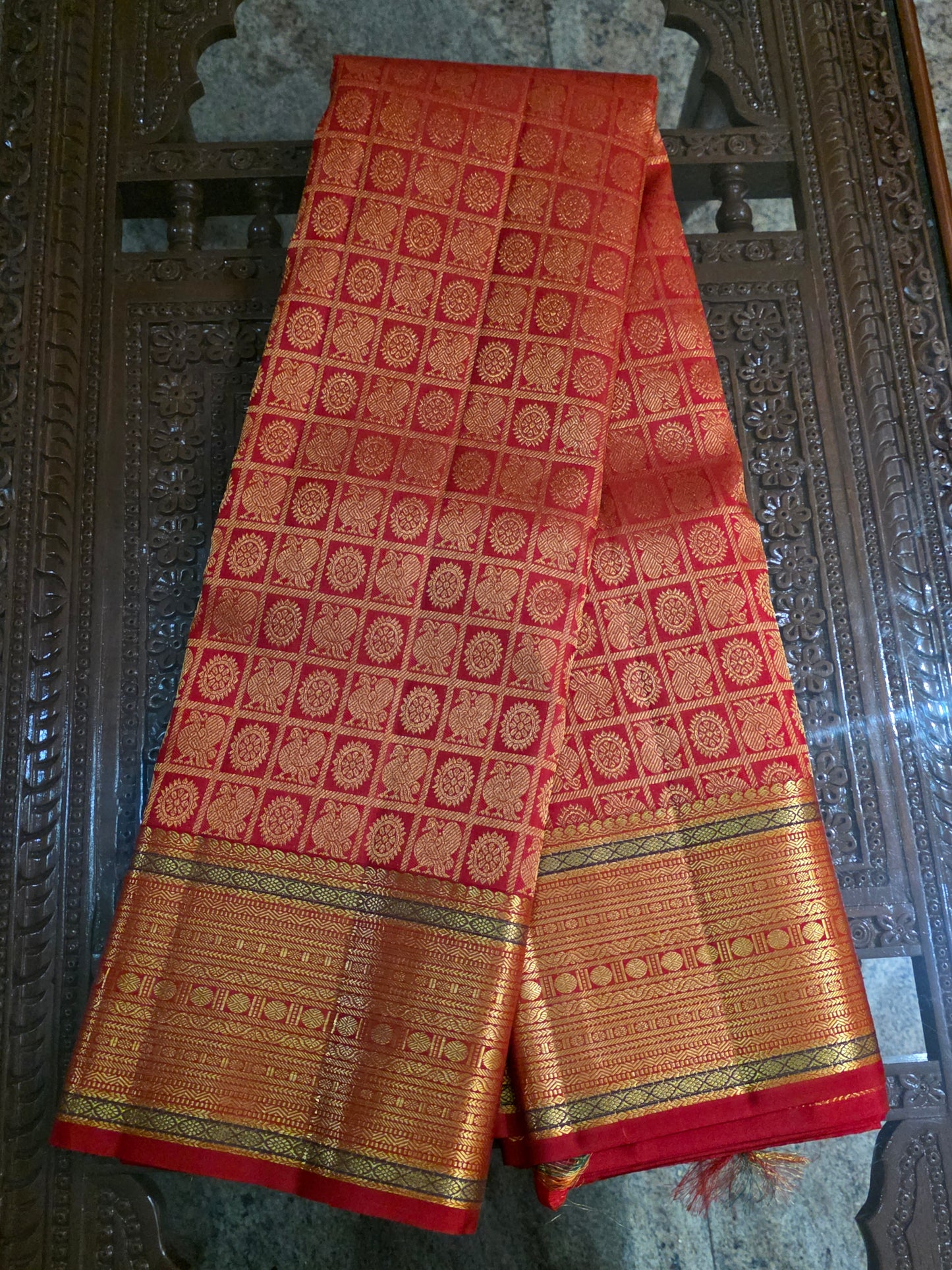 Pure Mulberry orange colour silk saree with pure zari completely hand woven