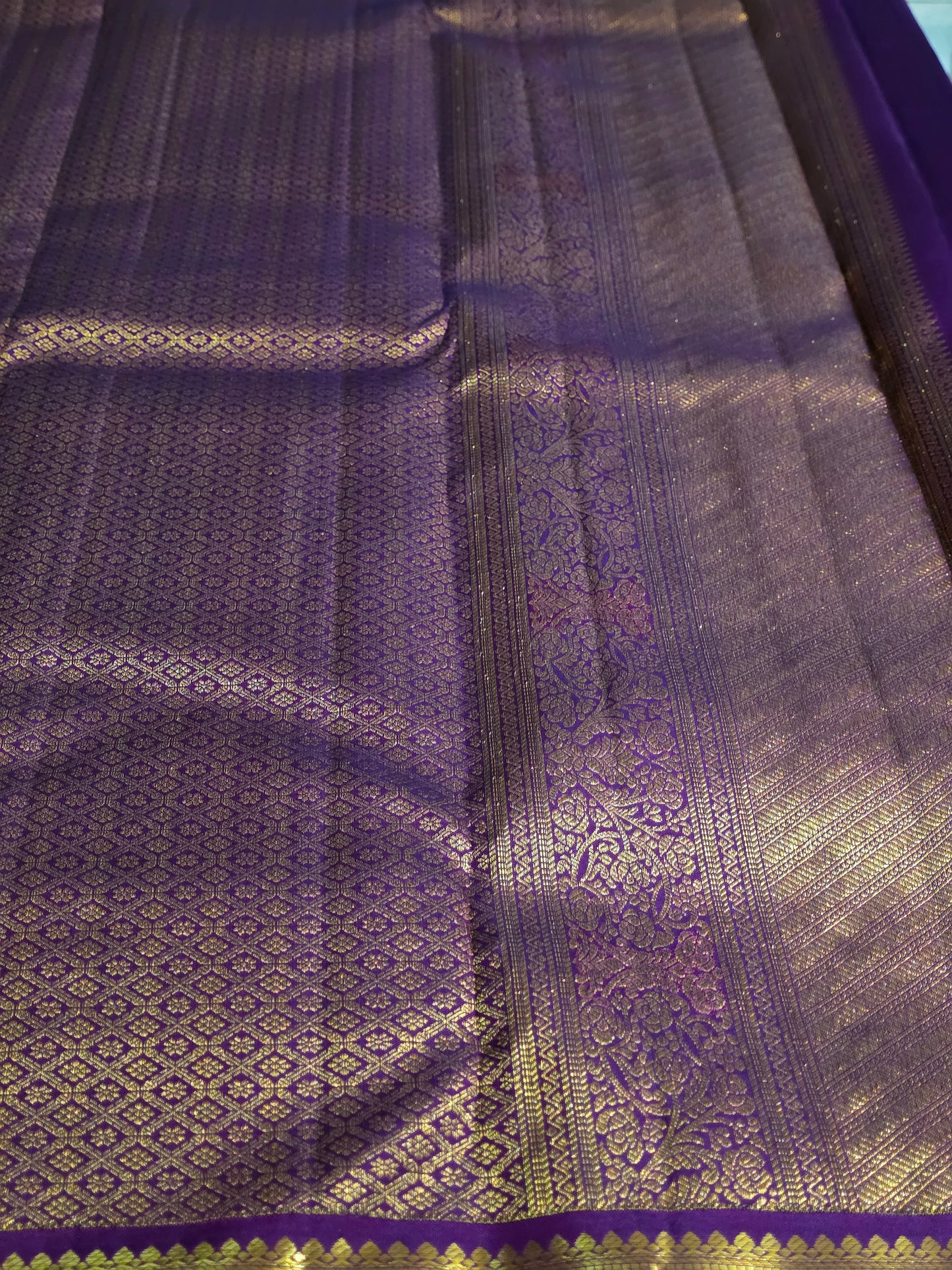 Pure Mulberry silk saree purple colour and golden pure zari completely hand woven.