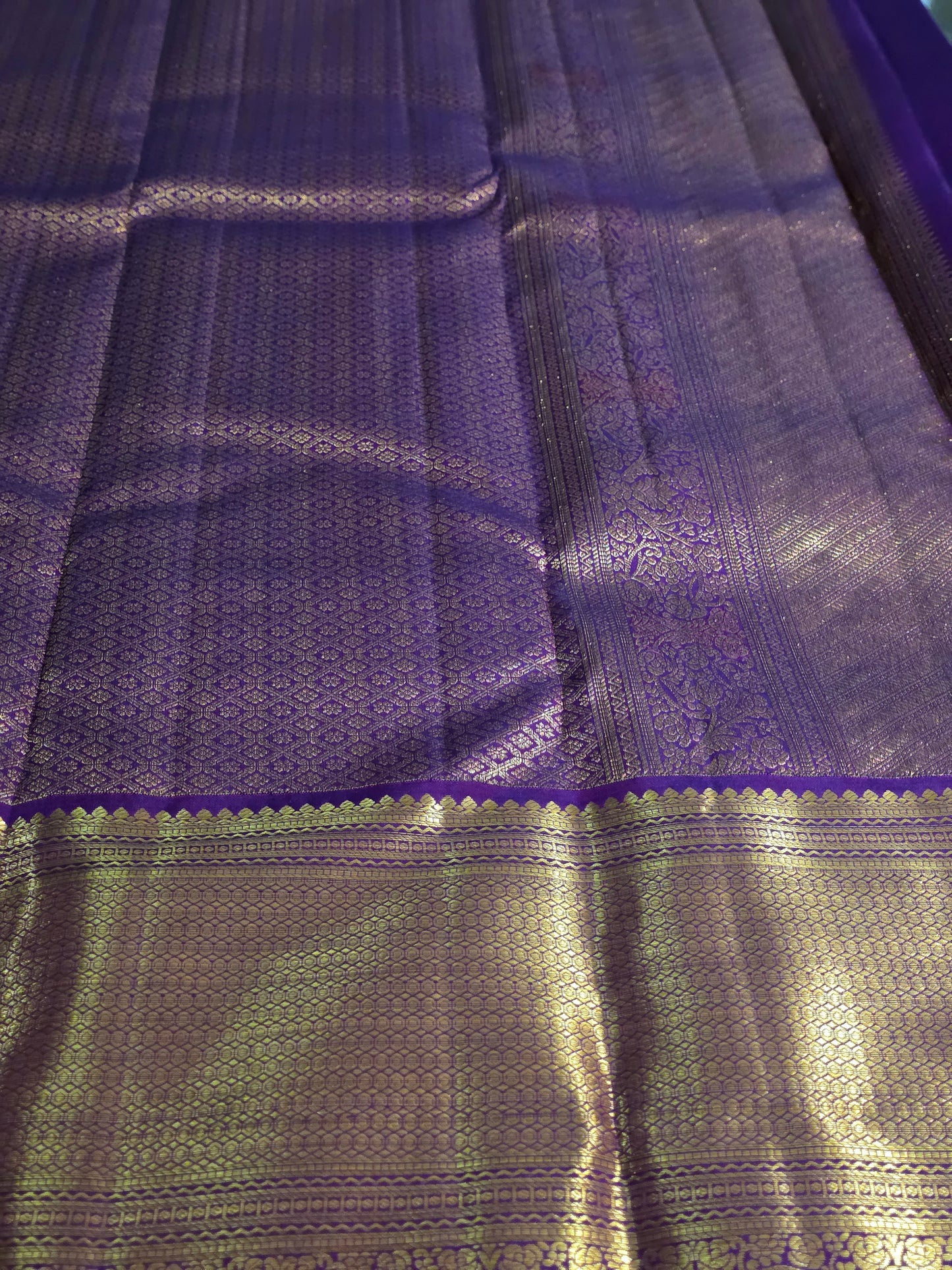Pure Mulberry silk saree purple colour and golden pure zari completely hand woven.