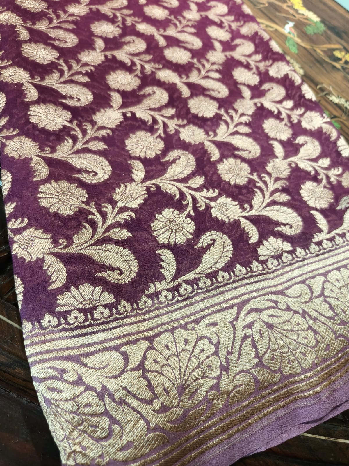 Pure silk wine colour saree in sheer and breathable silk completely hand weaved and pure zari