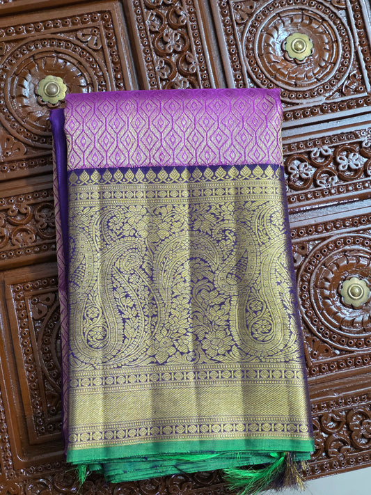 Purple pure silk korvai saree with 100% pure zari and contrasting border and blouse