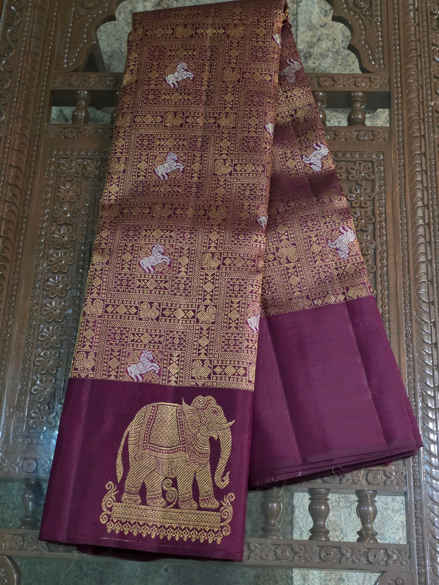 Pure Mulberry silk saree maroon colour with pure zari completely hand woven, rich border and pallu