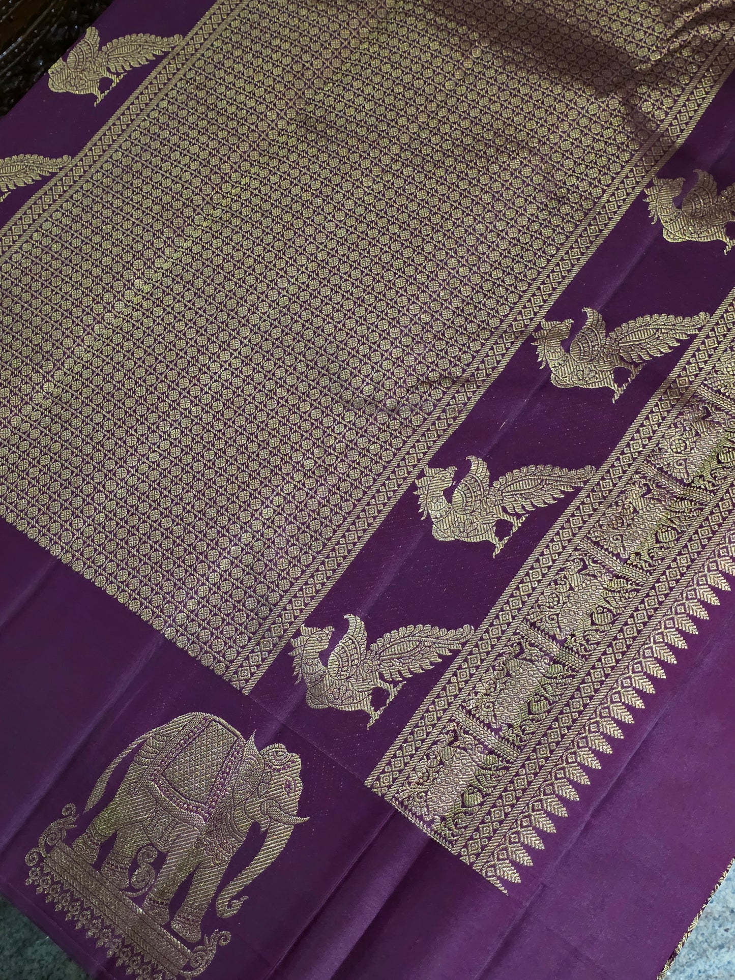 Pure Mulberry silk saree maroon colour with pure zari completely hand woven, rich border and pallu